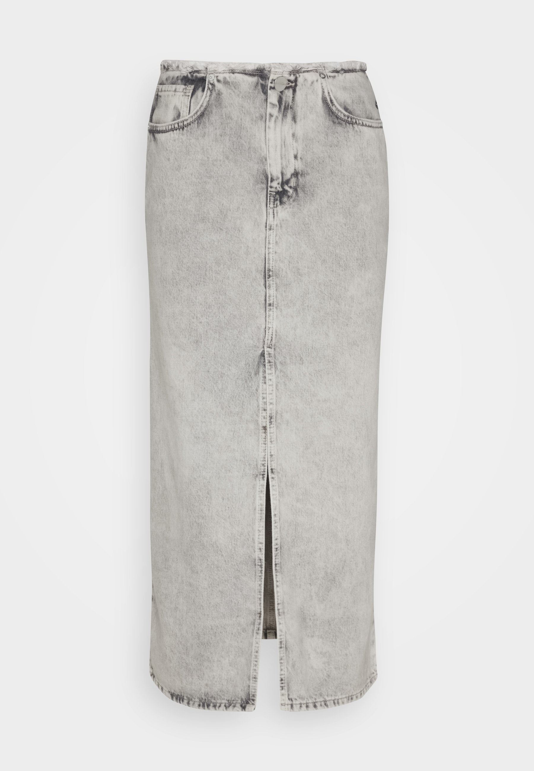 Hellgrauer Acid-Wash-Denim-Midi-Rock mit Schlitz vorne, zwei Vorderaschen, einem Bund mit Knopf und einem Reißverschluss.