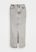 Hellgrauer Acid-Wash-Denim-Midi-Rock mit Schlitz vorne, zwei Vorderaschen, einem Bund mit Knopf und einem Reißverschluss.