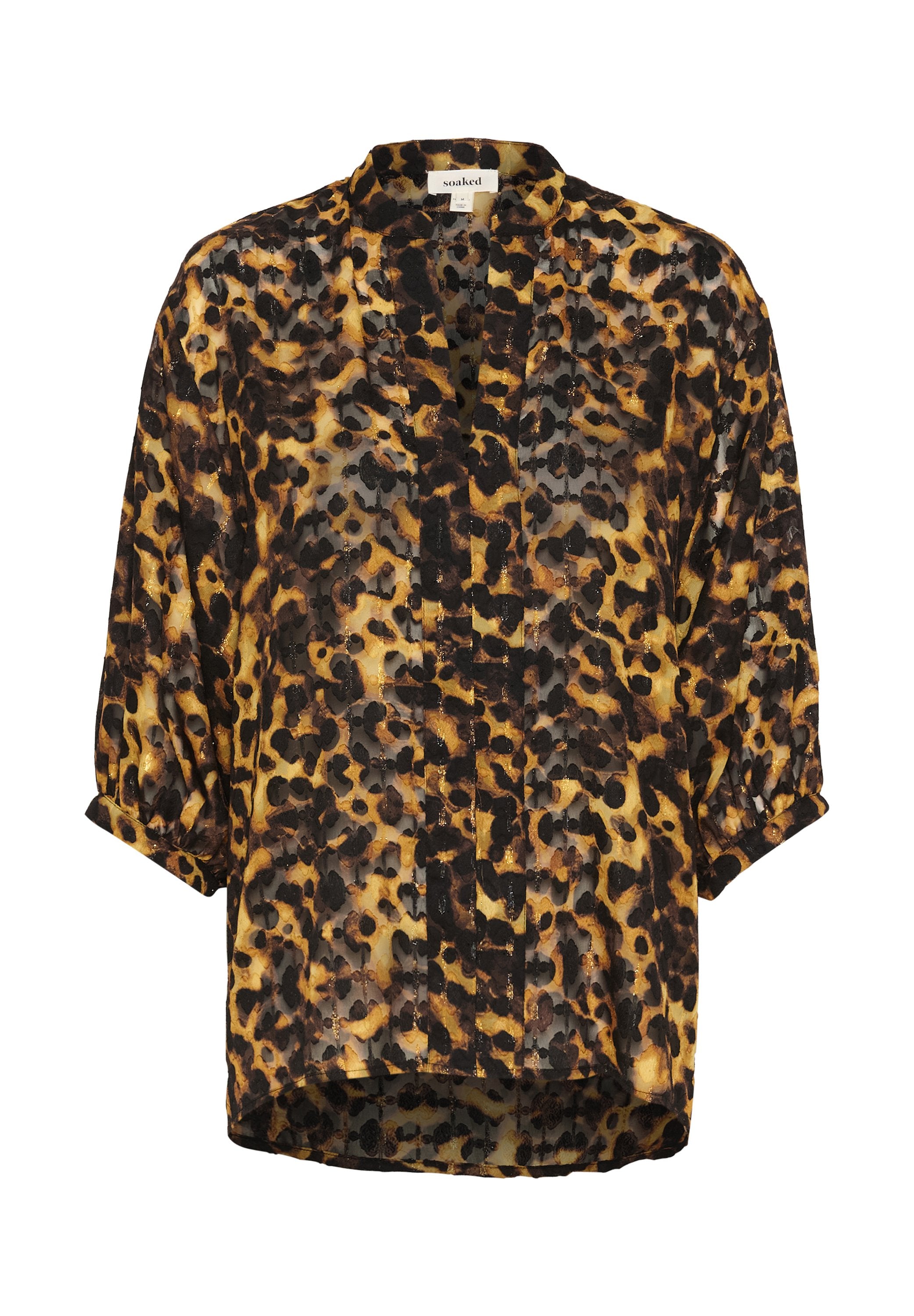 Leopardenmuster-Bluse aus halbtransparentem Stoff, in Schwarz- und Gelbtönen, mit langen Ärmeln und lockerer Passform. Verfügt über einen kragenlosen Ausschnitt und eine Knopfleiste vorne.