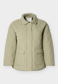 Hellgrüne gesteppte Jacke mit Kragen, zwei Vordertaschen und geradem Schnitt. Hergestellt aus einem glatten, leicht glänzenden Material.