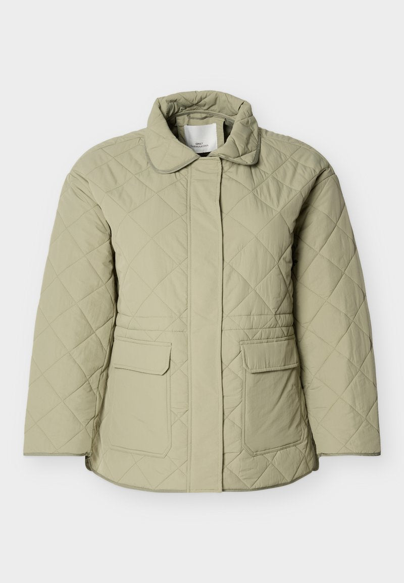 Hellgrüne gesteppte Jacke mit Kragen, zwei Vordertaschen und geradem Schnitt. Hergestellt aus einem glatten, leicht glänzenden Material.