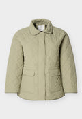 Hellgrüne gesteppte Jacke mit Kragen, zwei Vordertaschen und geradem Schnitt. Hergestellt aus einem glatten, leicht glänzenden Material.