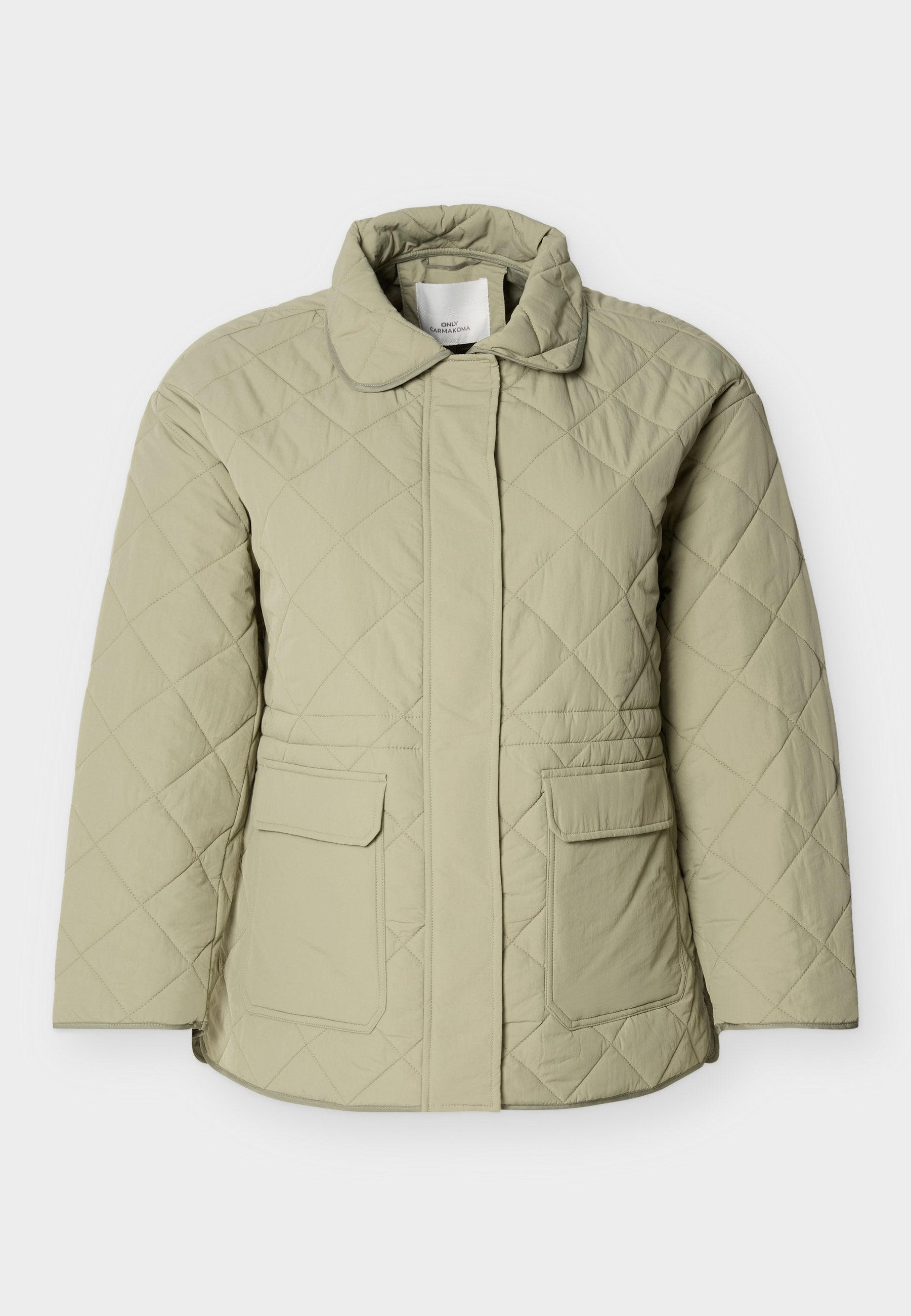 Hellgrüne gesteppte Jacke mit Kragen, zwei Vordertaschen und geradem Schnitt. Hergestellt aus einem glatten, leicht glänzenden Material.