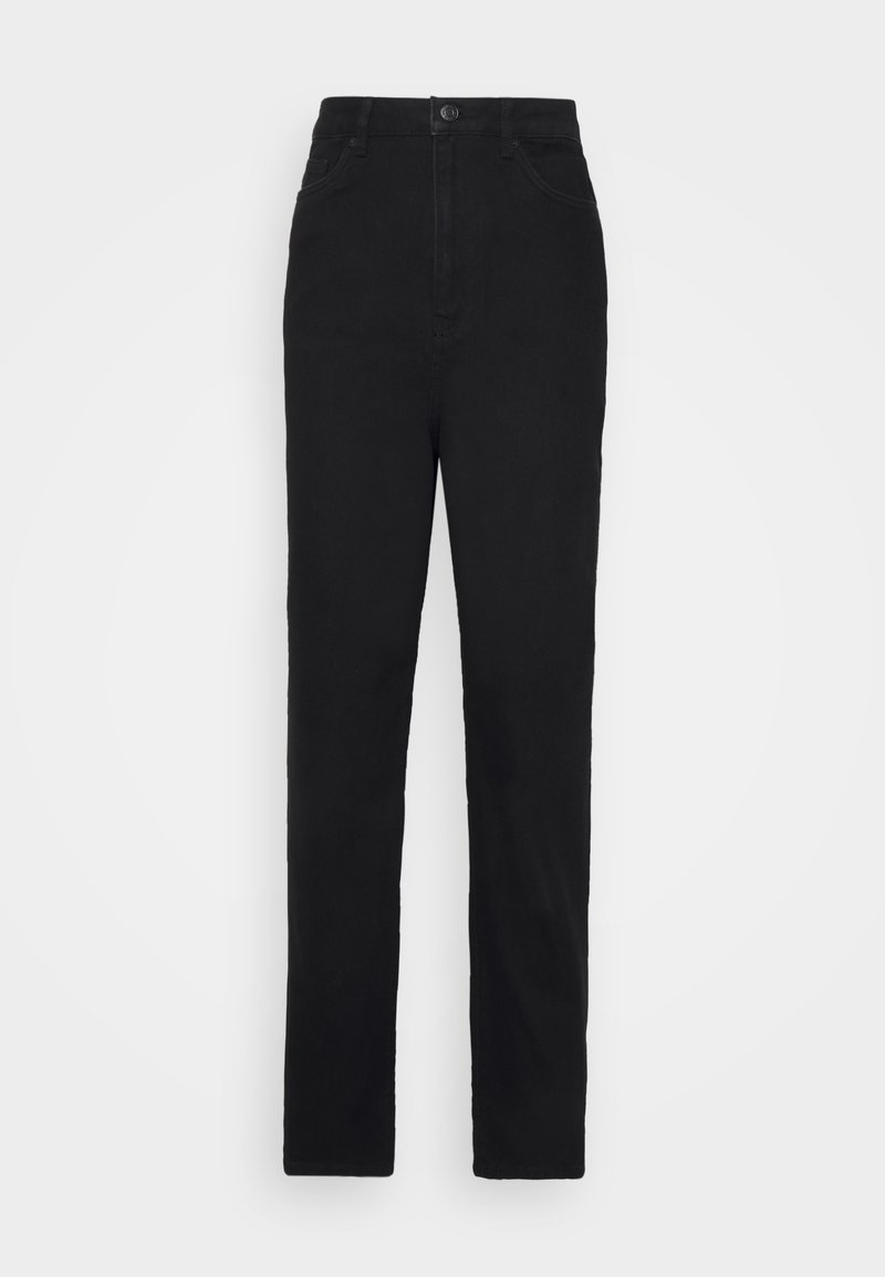 Schwarze gerade Hosen aus Baumwolle mit glatter Textur. Mit einem Knopfverschluss und fünf Taschen für Funktionalität.