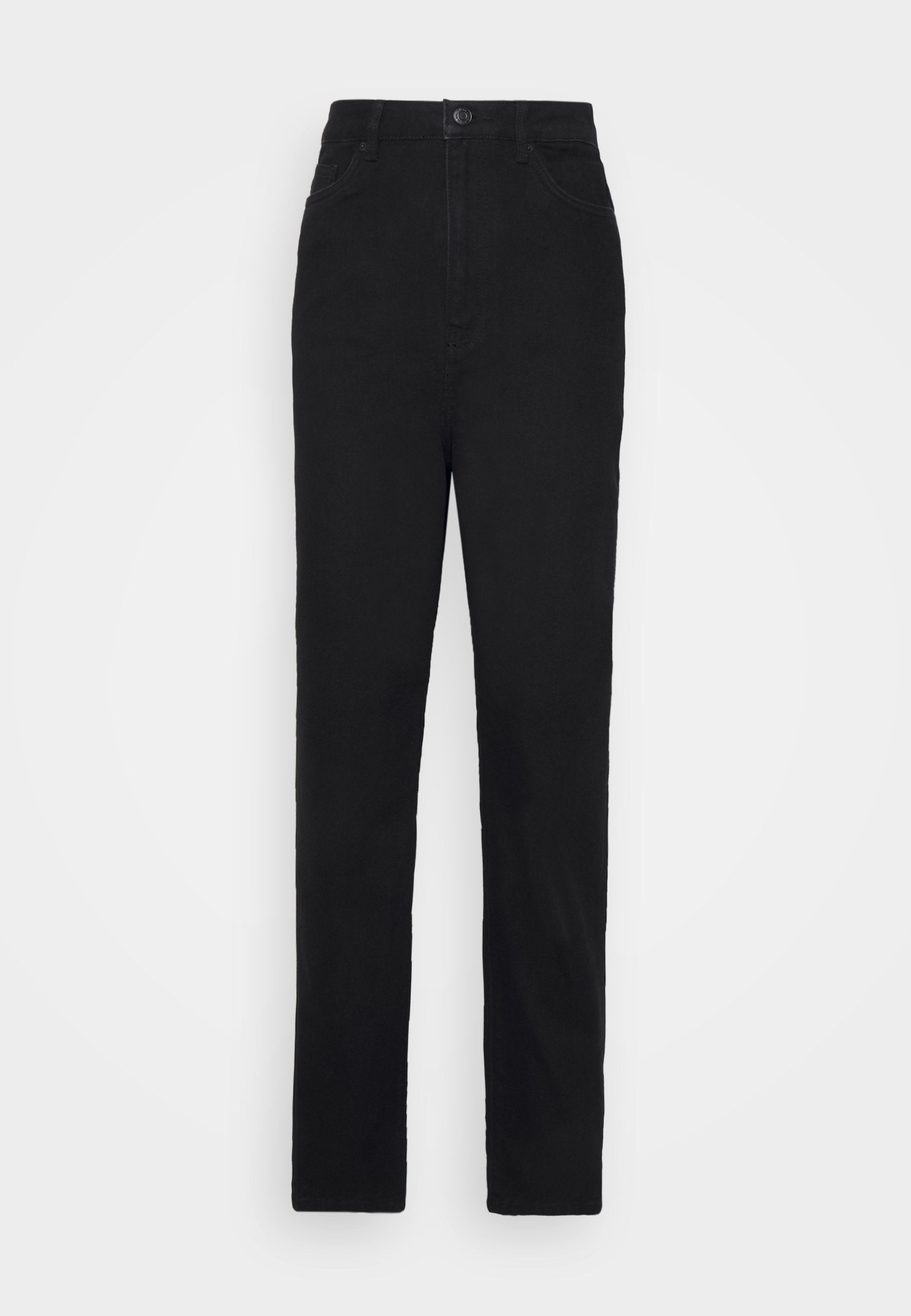 Schwarze gerade Hosen aus Baumwolle mit glatter Textur. Mit einem Knopfverschluss und fünf Taschen für Funktionalität.