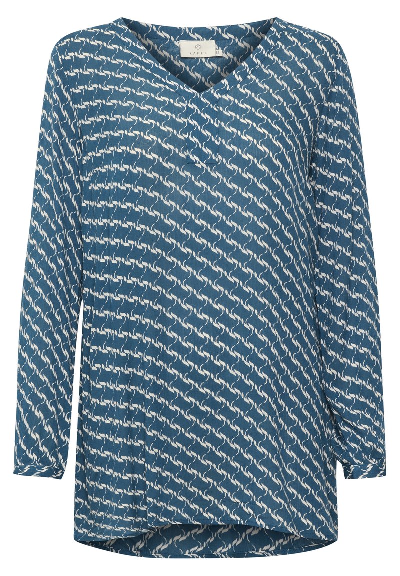 Blaues Langarmshirt mit V-Ausschnitt und einem weißen abstrakten Muster. Weicher Stoff mit lockerer Passform und abgerundetem Saum.