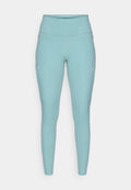 Helle blaue Leggings aus dehnbarem Material, mit hohem Bund, nahtlosem Design und minimalen weißen Akzenten an den Seiten.