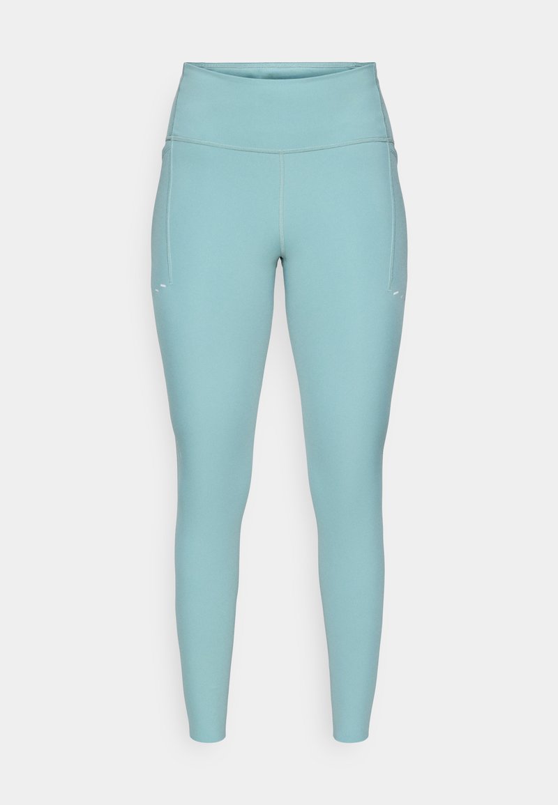 Helle blaue Leggings aus dehnbarem Material, mit hohem Bund, nahtlosem Design und minimalen weißen Akzenten an den Seiten.