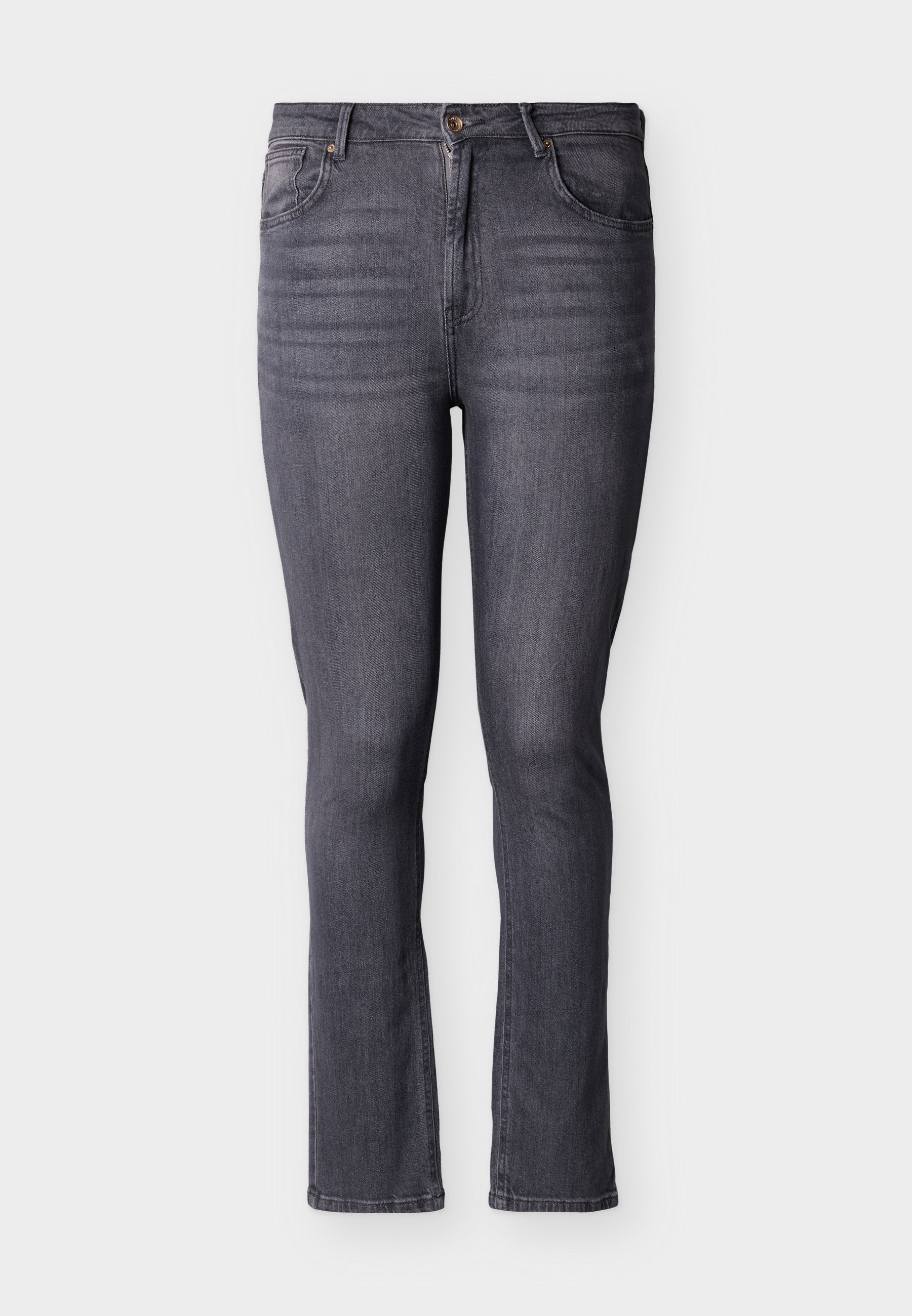 Schmal geschnittene graue Jeans aus Denim mit fünf Taschen, Vorderknopf- und Reißverschluss, mit dezenten Verblassungen und Nahtdetails.