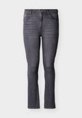 Schmal geschnittene graue Jeans aus Denim mit fünf Taschen, Vorderknopf- und Reißverschluss, mit dezenten Verblassungen und Nahtdetails.