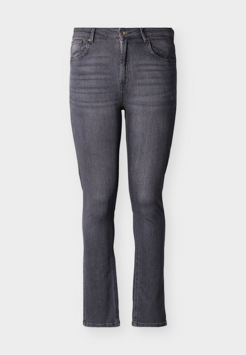 Schmal geschnittene graue Jeans aus Denim mit fünf Taschen, Vorderknopf- und Reißverschluss, mit dezenten Verblassungen und Nahtdetails.
