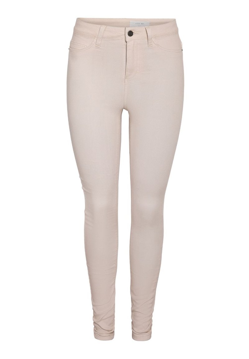 Hellbeige Skinny-Jeans mit Knopf- und Reißverschluss, Taschen vorne und hinten sowie Gürtelschlaufen.