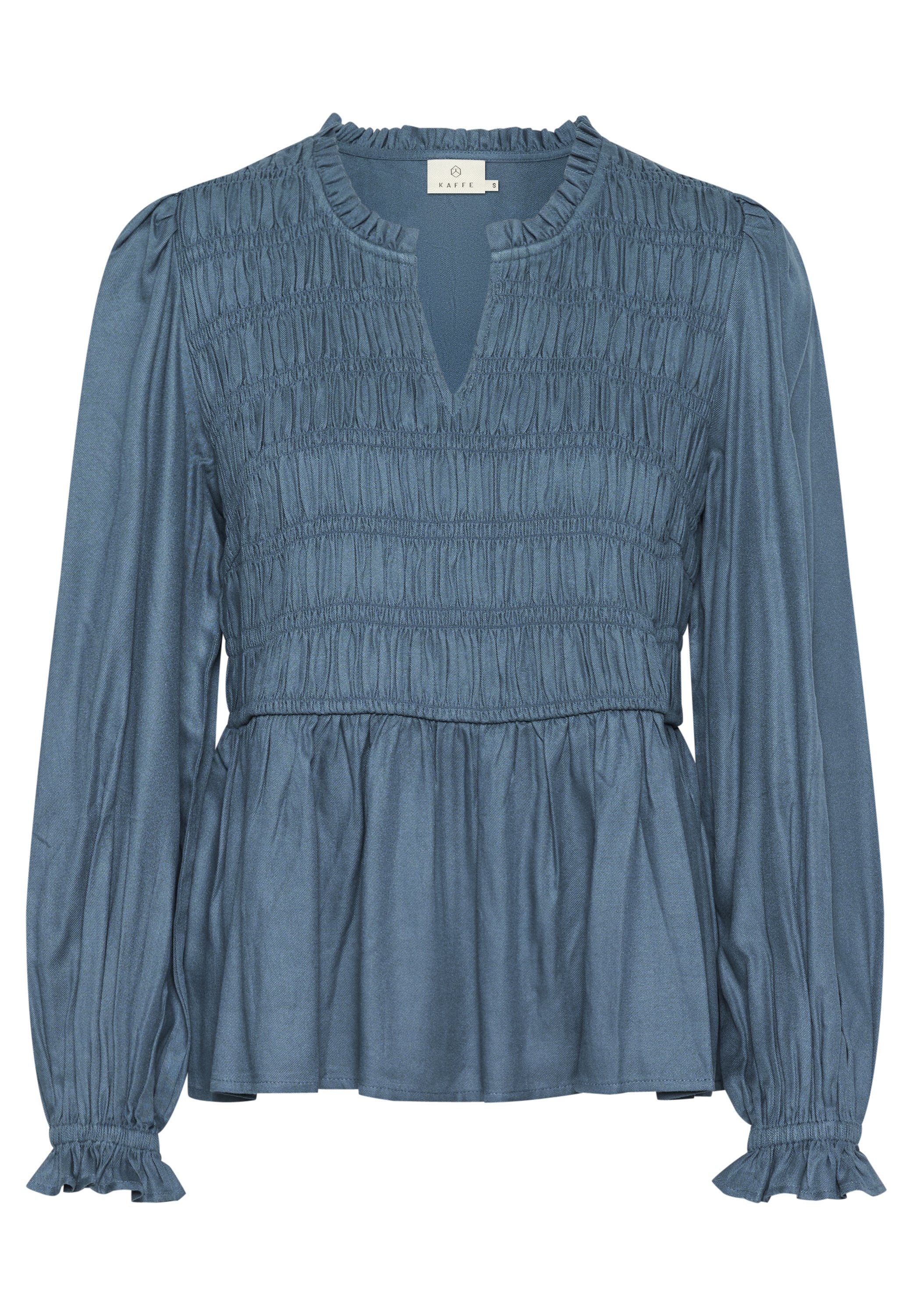 Blaue Bluse mit langen Ärmeln, gerafftem Oberteil, Rüschensaum und einem subtilen Glanz. Sie verfügt über einen Schlüssel-Ausschnitt und einen ausgestellten Saum.