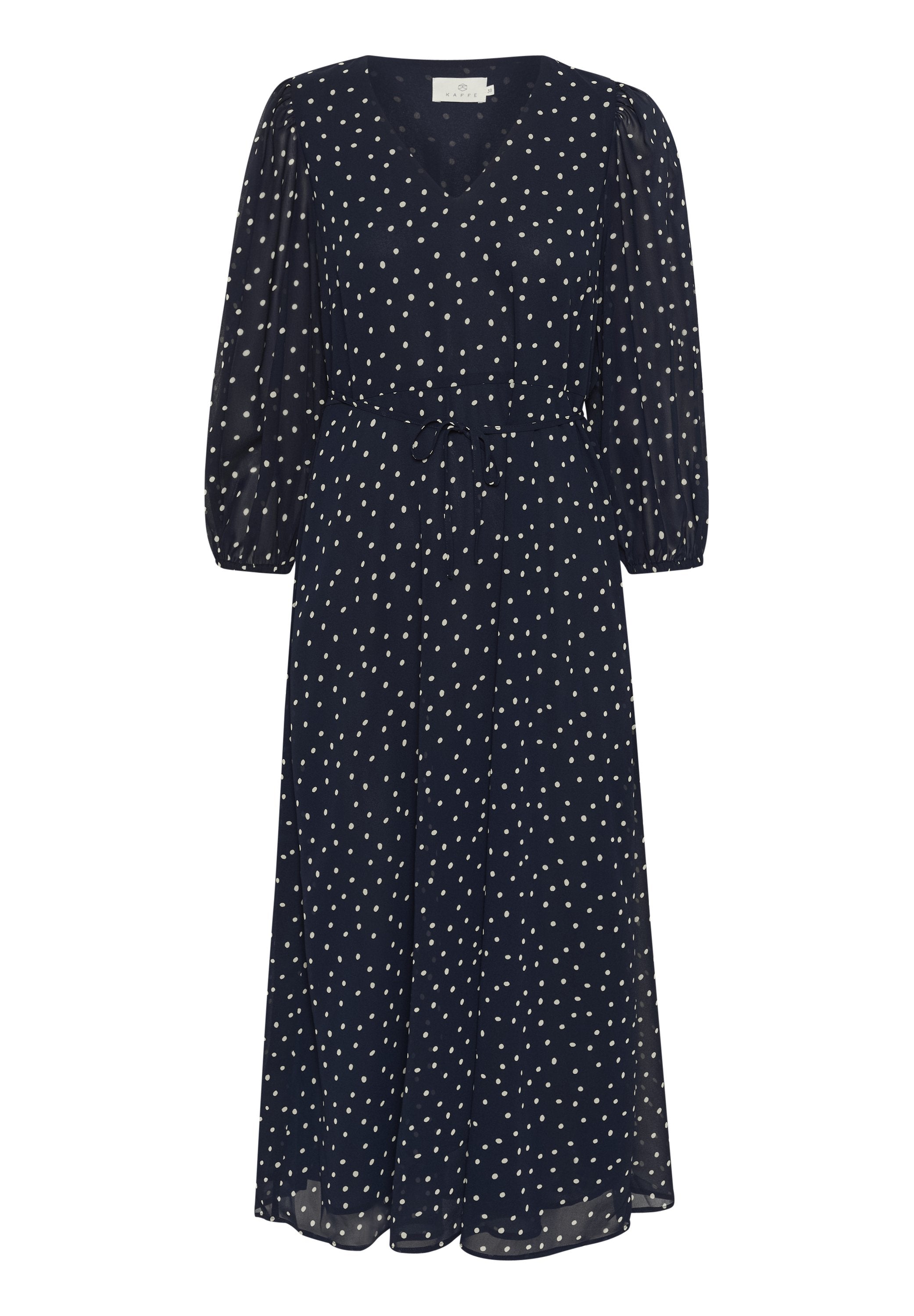 Marineblaues Kleid mit V-Ausschnitt, weißen Punkten und langen Puffärmeln. Mit einem gebundenen Taillengürtel und einer fließenden A-Linien Silhouette.