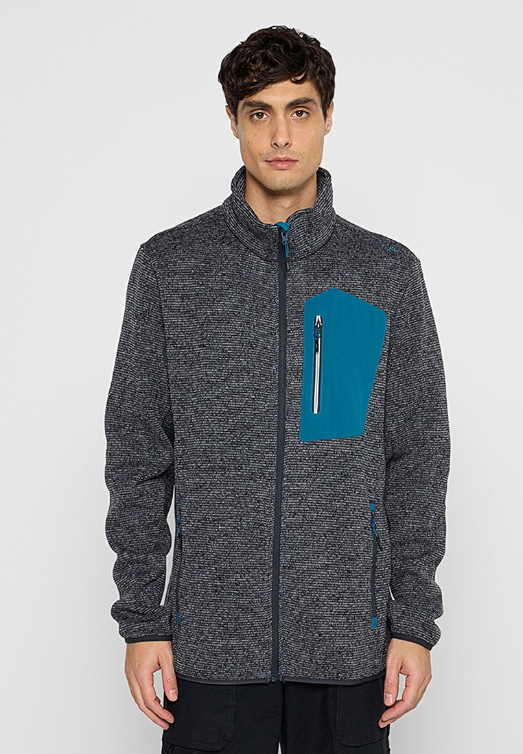 Herren Zip-Jacke aus strukturiertem, dunkelgrauem Stoff, mit einer leuchtend blauen Brusttasche, Seitentaschen und einem hohen Kragen.