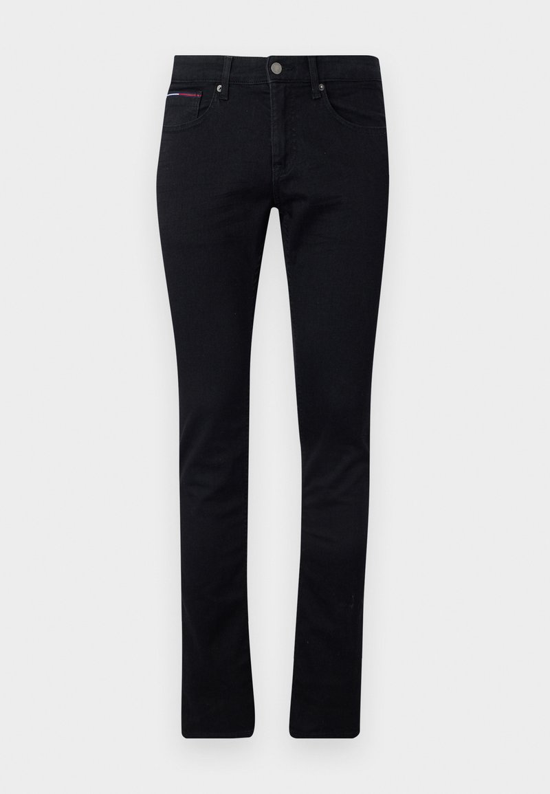 Schwarze Jeans aus Denim, mit Slim-Fit, Fünf-Taschen-Design und einem kleinen roten und blauen Akzent auf der Vordertasche.