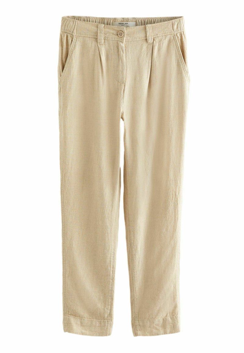 Beige Leinenhose mit elastischem Bund, zwei seitlichen Taschen, vorderen Falten und einem lockeren Schnitt, der direkt über dem Knöchel endet.