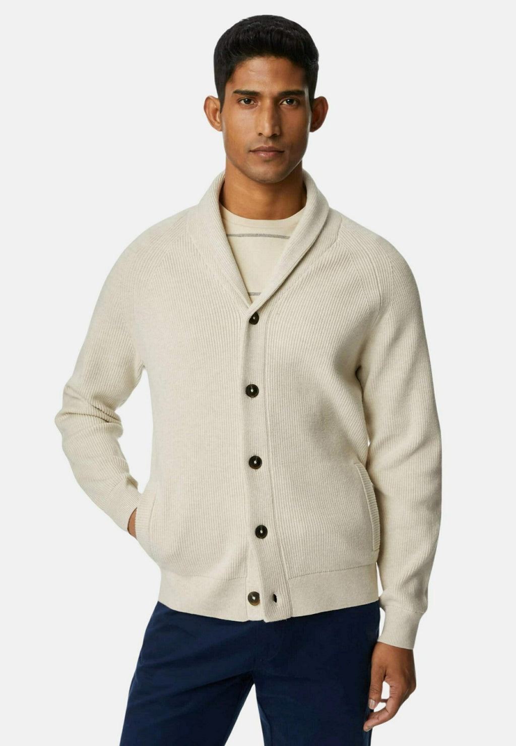 Marks & Spencer Cotton Blend Ribbed Shawl Collar