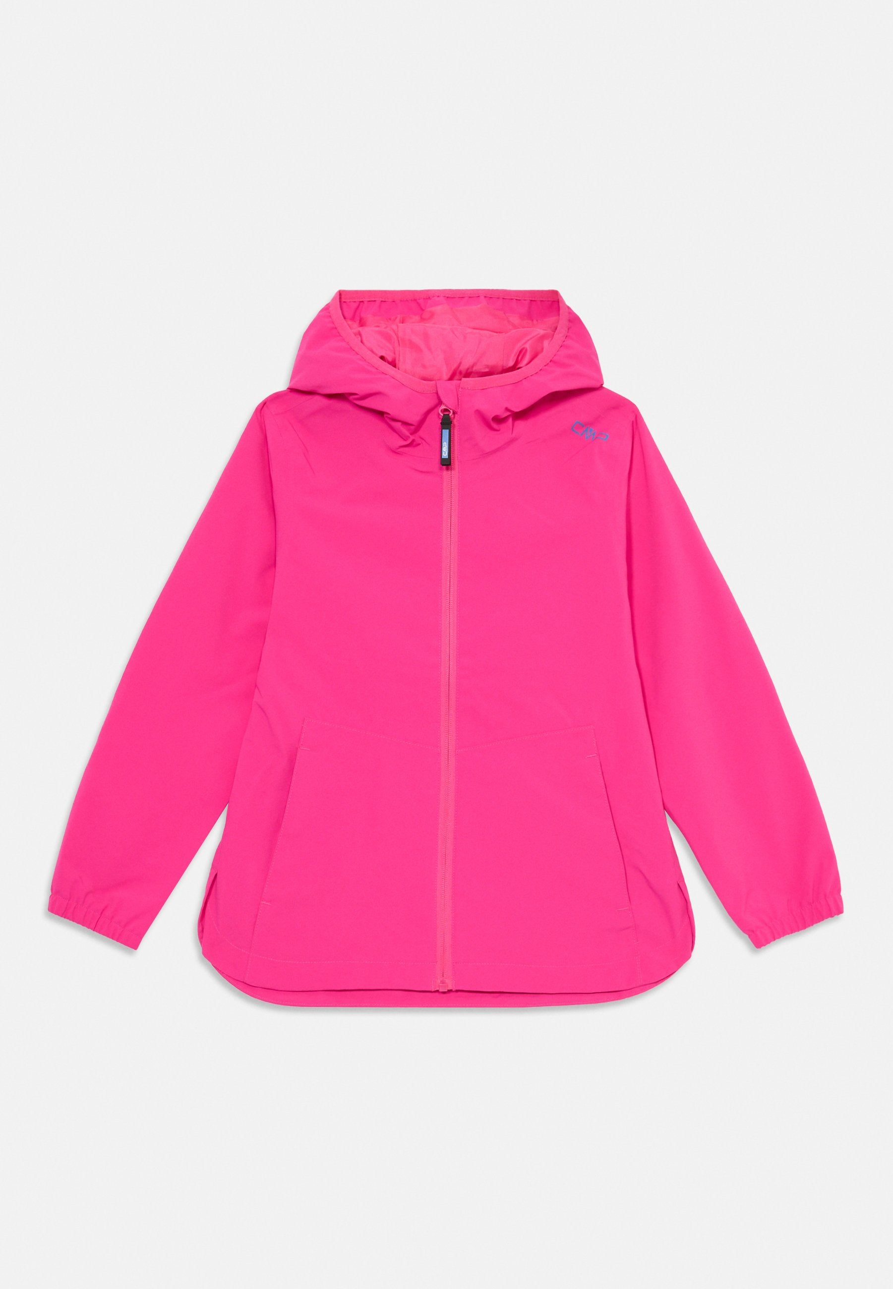 Rosa leichte Jacke mit Reißverschluss, Kapuze und elastischen Bündchen. Verfügt über zwei Fronttaschen und ein glattes, wasserabweisendes Material.