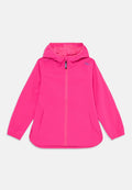Rosa leichte Jacke mit Reißverschluss, Kapuze und elastischen Bündchen. Verfügt über zwei Fronttaschen und ein glattes, wasserabweisendes Material.