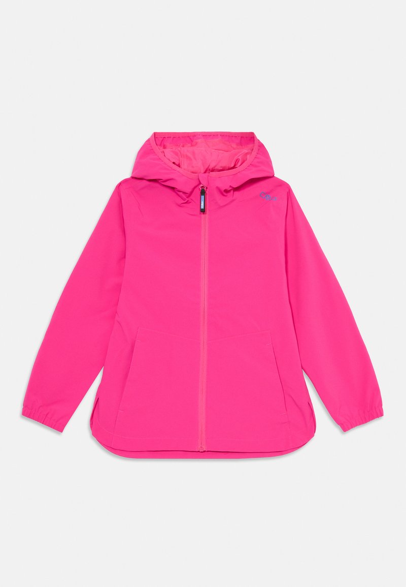 Rosa leichte Jacke mit Reißverschluss, Kapuze und elastischen Bündchen. Verfügt über zwei Fronttaschen und ein glattes, wasserabweisendes Material.