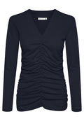 Navy-blaues Langarmshirt aus glattem Stoff mit V-Ausschnitt und gerafften Details an den Seiten, die eine figurbetonte Silhouette schaffen.