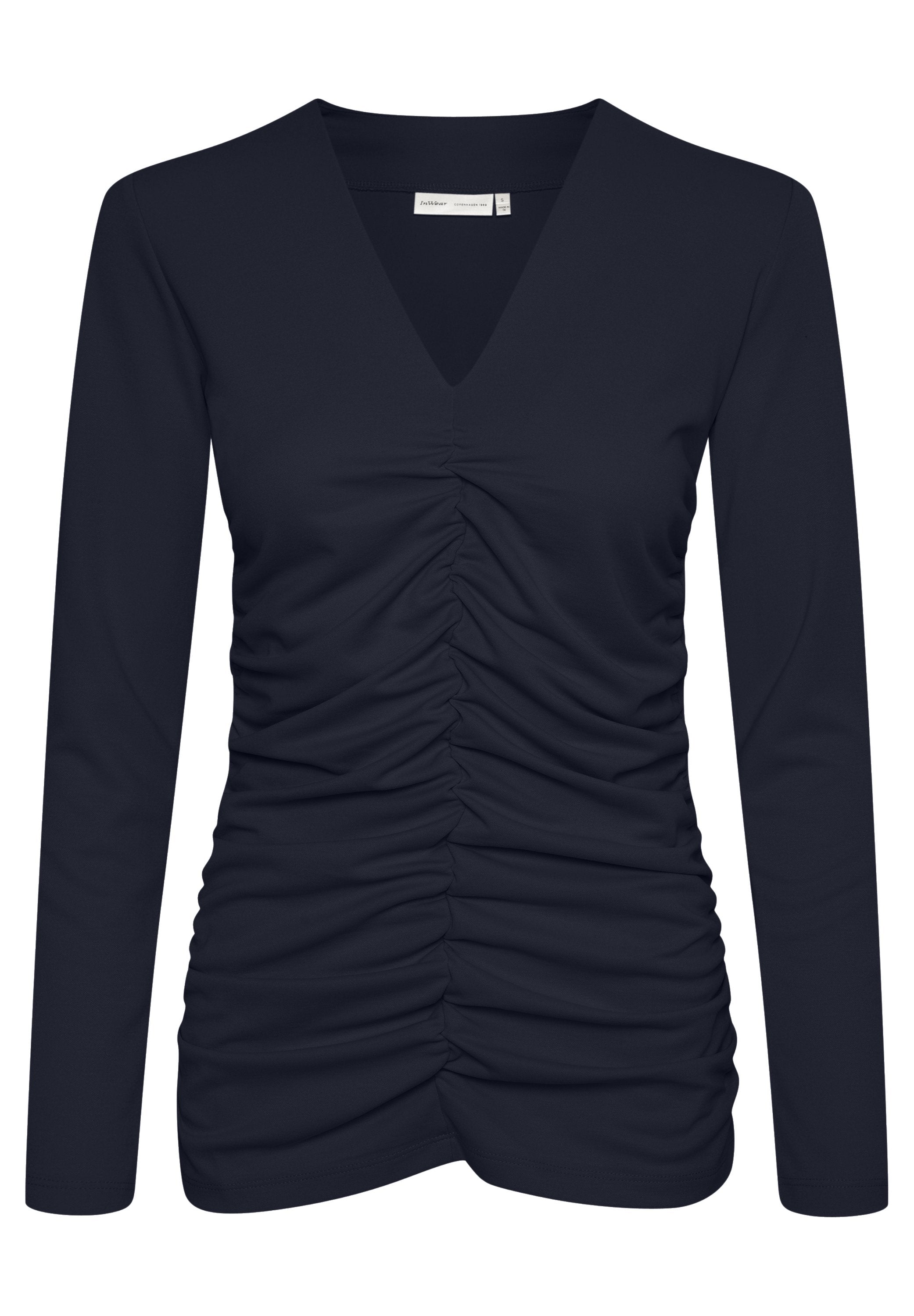 Navy-blaues Langarmshirt aus glattem Stoff mit V-Ausschnitt und gerafften Details an den Seiten, die eine figurbetonte Silhouette schaffen.