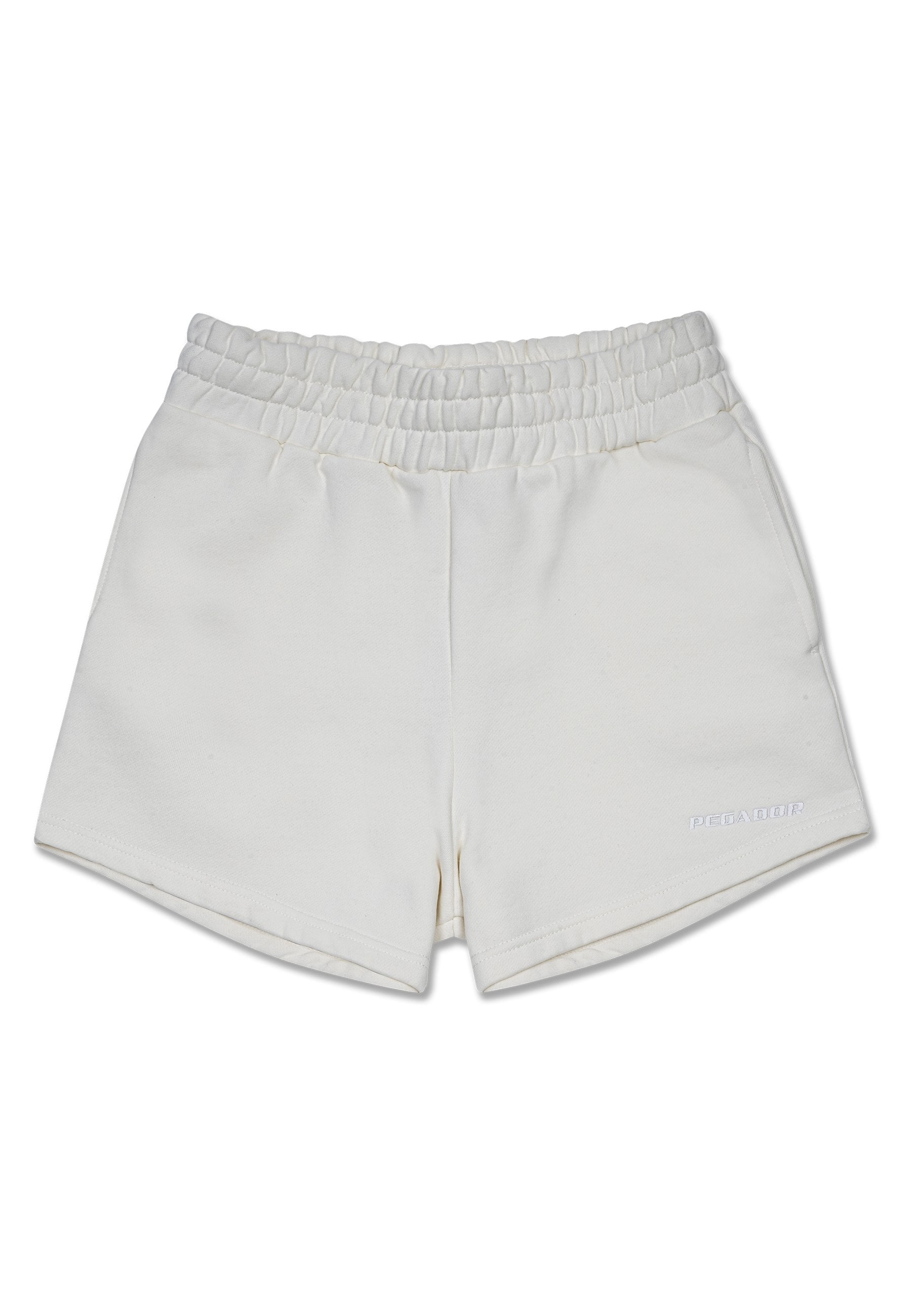 Weiße Shorts mit elastischem Bund aus weichem, strukturiertem Stoff und schlichtem Design. Mit einem dezenten Markenlogo am unteren Bein.