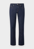 Dunkelblaue Jeans mit geradem Bein, fünf Taschen und sichtbaren orangefarbenen Nähten, Knopfverschluss an der Taille.