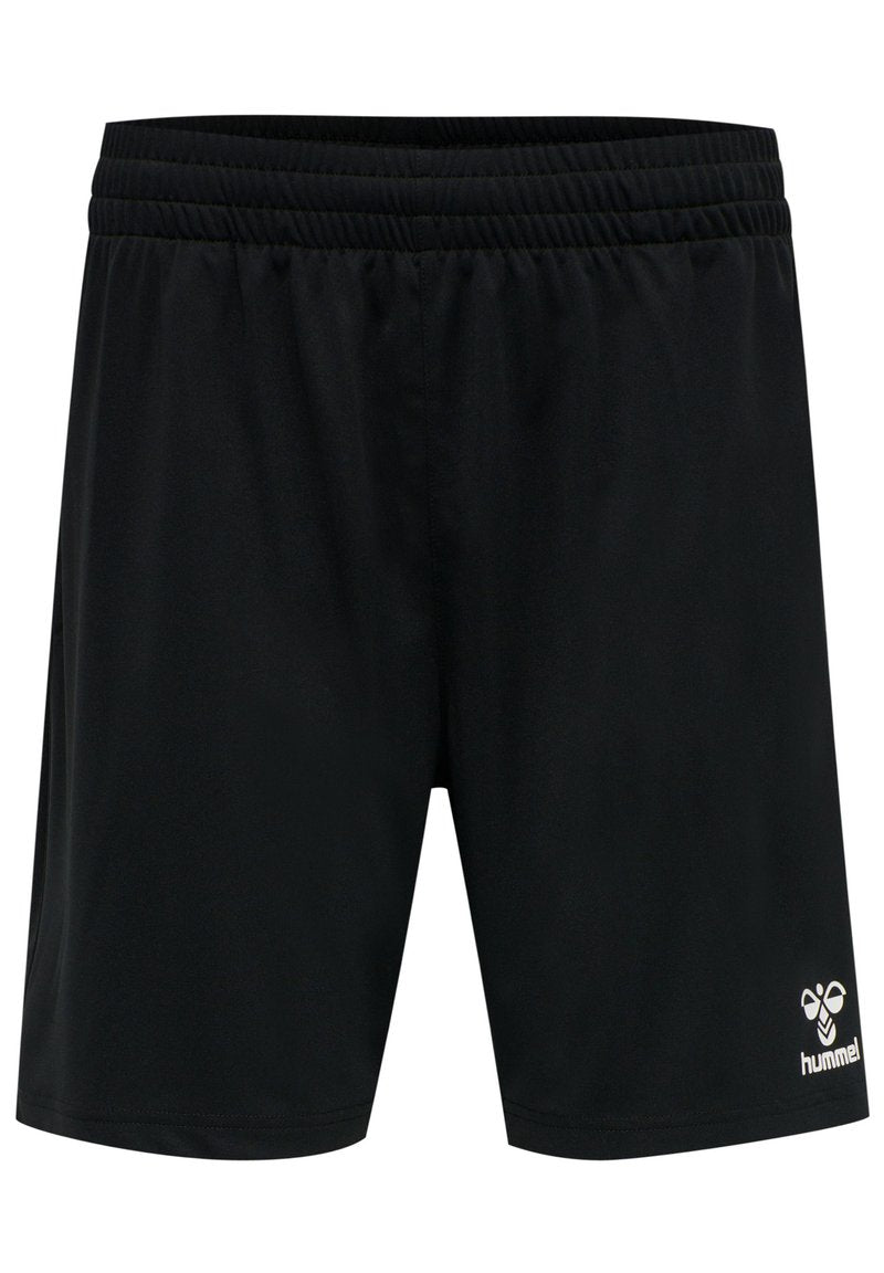 Schwarze Sportshorts mit einem elastischen Taillenbund, aus leichtem Stoff, mit einem weißen Logo auf der unteren rechten Seite.