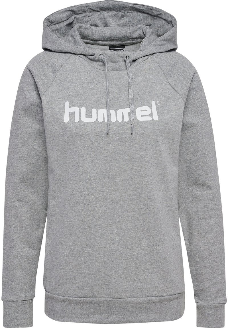 Grauer Kapuzenpullover aus Baumwolle, mit langen Raglanärmeln und einem weißen "hummel"-Logo auf der Vorderseite. Kordelzug an der Kapuze.