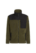 Olivgrüne Fleecejacke mit einem schwarzen oberen Abschnitt, hohem Kragen, Frontreißverschluss und Seitentaschen. Verfügt über eine kleine Brusttasche.