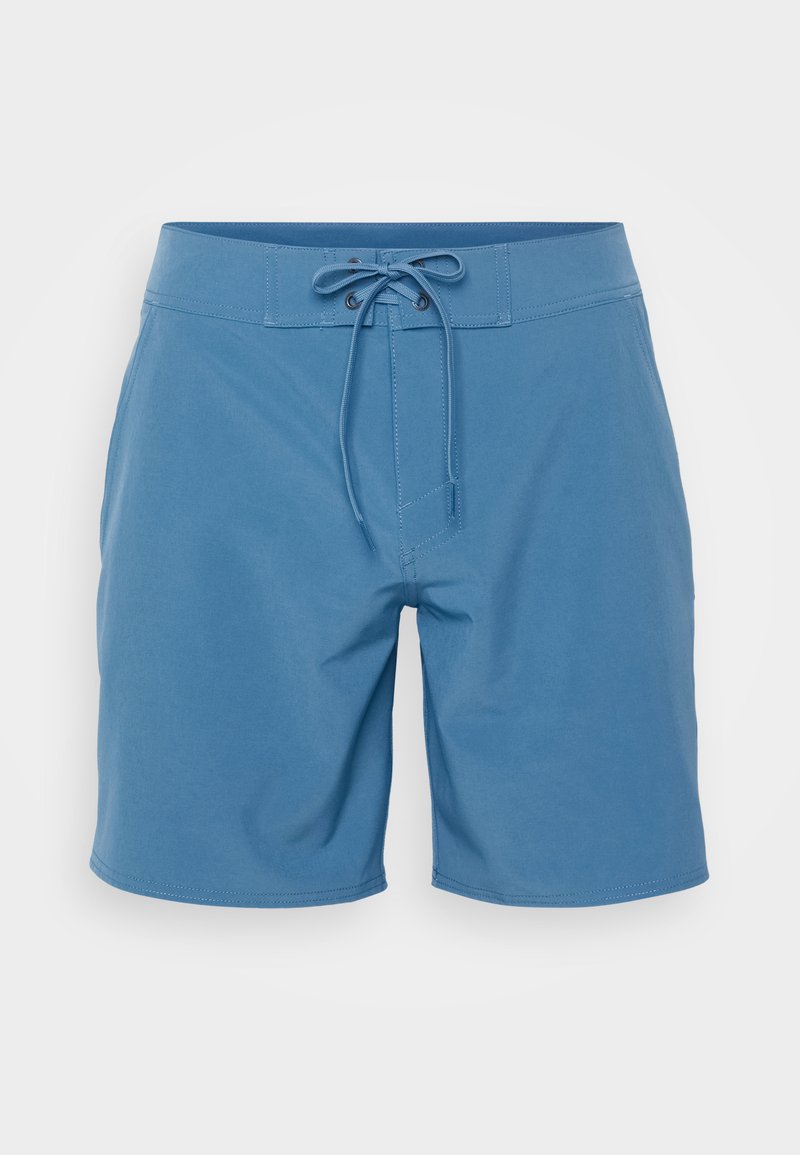 Blaue Badeshorts aus glattem Stoff mit einem Kordelzug in der Taille, flacher Vorderseite und einem Saum, der oberhalb des Knies endet. Keine Muster oder Verzierungen.