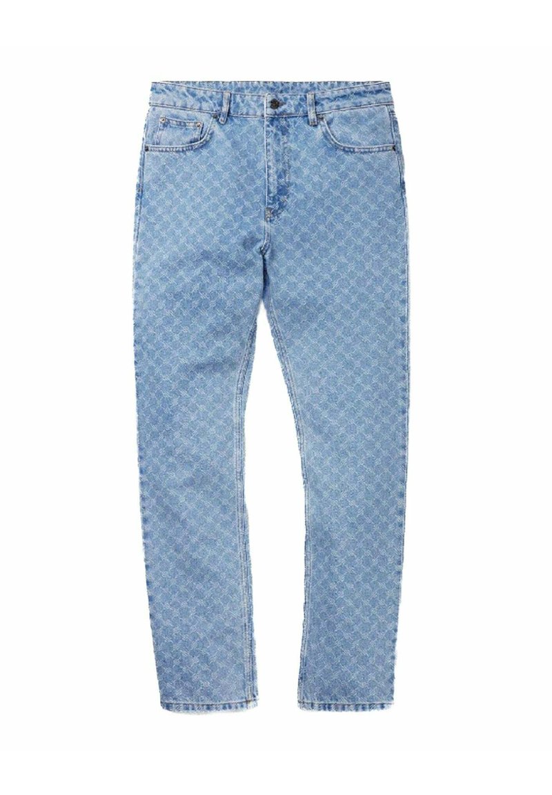 Blaue Denim-Jeans mit einem sich wiederholenden tonalen Muster, fünf Taschen, Gürtelschlaufen und einem geraden Bein-Design. Klassischer Knopf- und Reißverschluss.