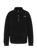 Schwarzer Fleece-Pullover mit Viertelreißverschluss und weißem "Schott"-Logo auf der linken Brust, mit langen Ärmeln und Stehkragen.