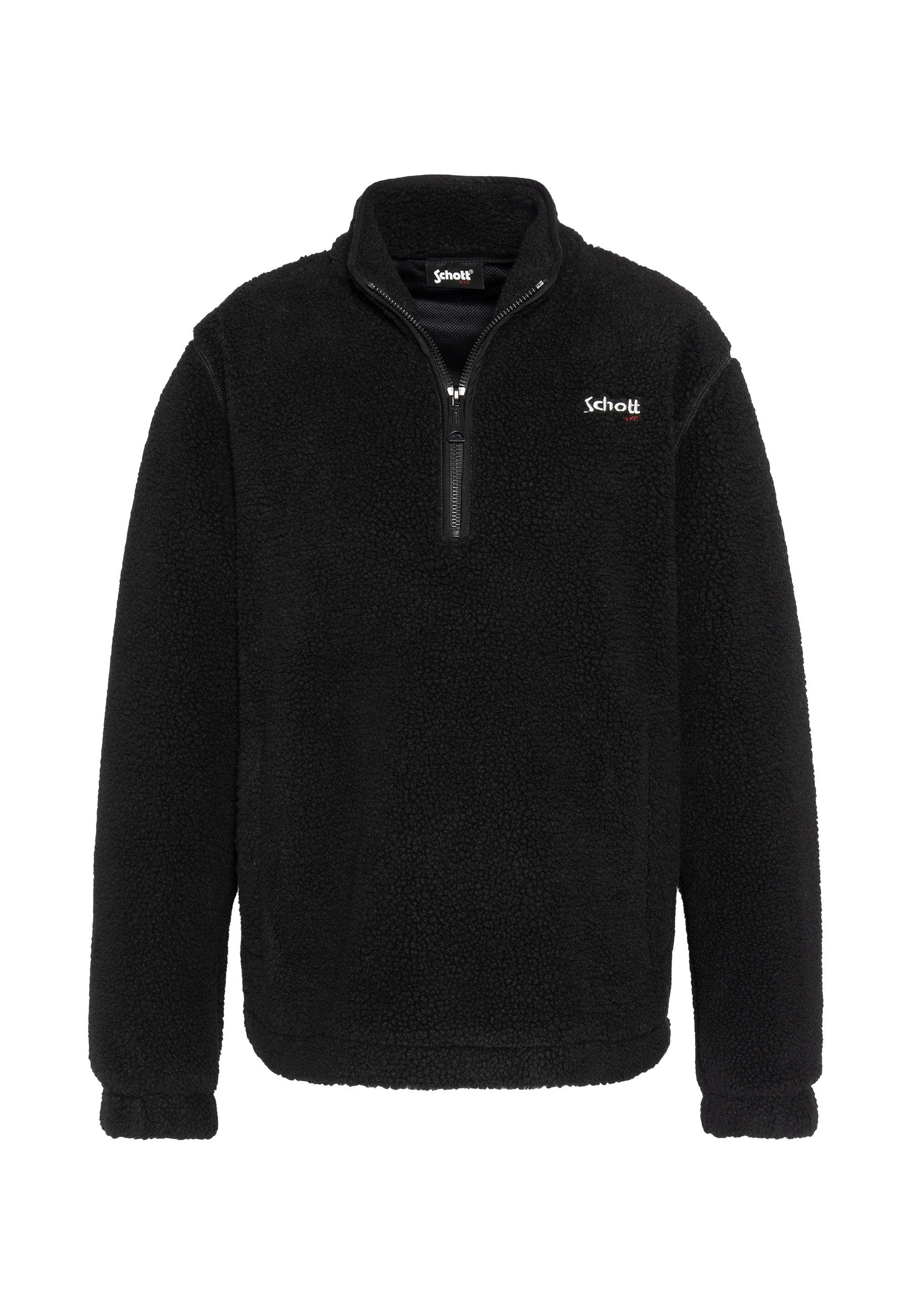 Schwarzer Fleece-Pullover mit Viertelreißverschluss und weißem "Schott"-Logo auf der linken Brust, mit langen Ärmeln und Stehkragen.