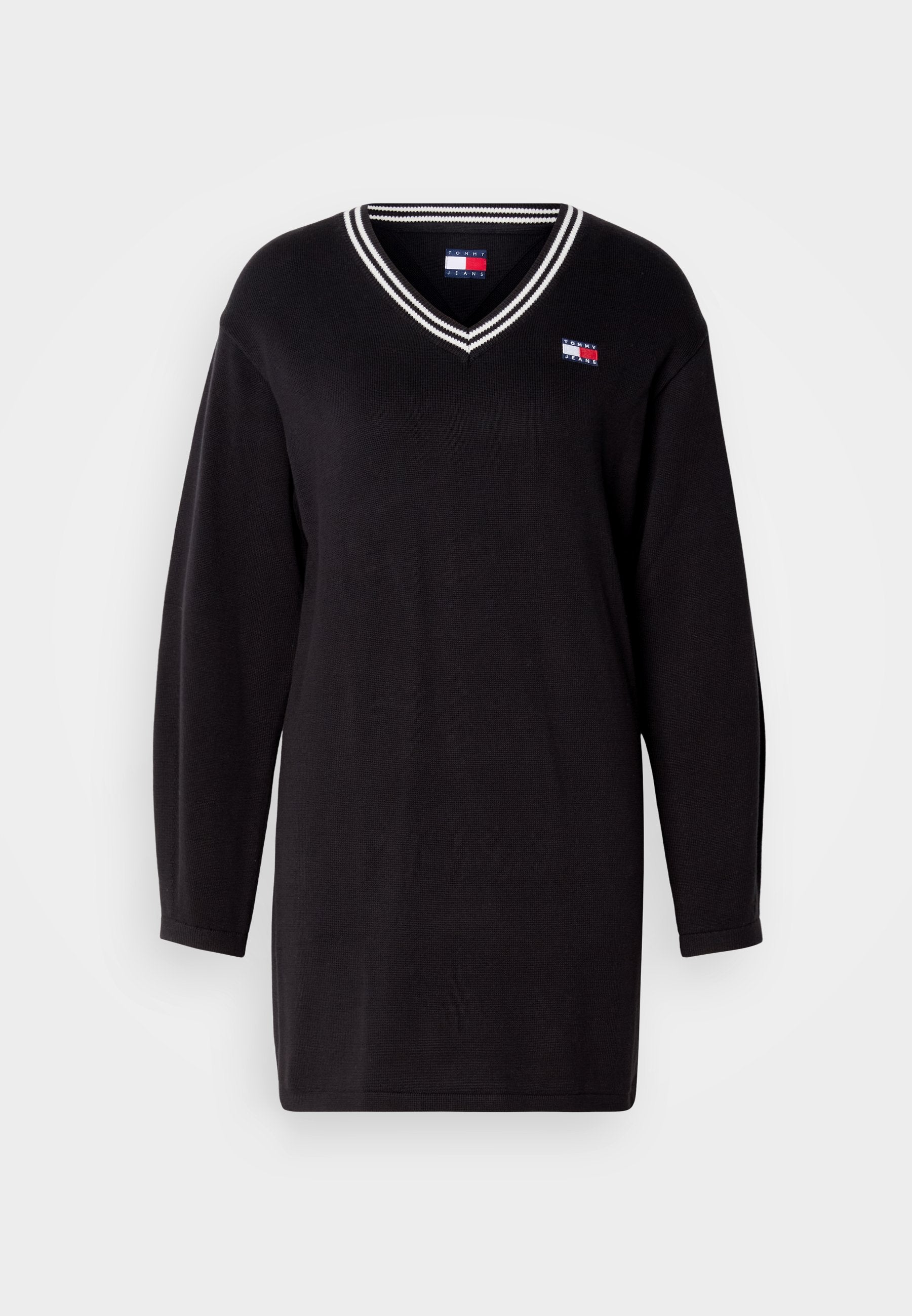 Schwarzer langärmeliges Sweatshirt mit V-Ausschnitt und weißem Streifenbesatz. Verfügt über ein kleines Logo auf der linken Brustseite. Hergestellt aus einem Strickstoff.