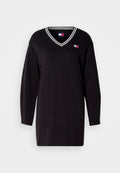 Schwarzer langärmeliges Sweatshirt mit V-Ausschnitt und weißem Streifenbesatz. Verfügt über ein kleines Logo auf der linken Brustseite. Hergestellt aus einem Strickstoff.