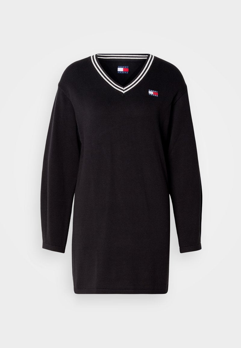 Schwarzer langärmeliges Sweatshirt mit V-Ausschnitt und weißem Streifenbesatz. Verfügt über ein kleines Logo auf der linken Brustseite. Hergestellt aus einem Strickstoff.