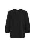 Schwarze Bluse mit V-Ausschnitt, dreiviertel Puffärmeln und zarten Spitzendetails an den Schultern. Glatte Textur, lässiges Design.