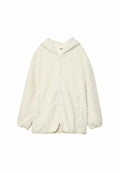 Cremefarbene, kapuzenförmige, Reißverschlussjacke aus flauschigem, strukturiertem Material mit zwei Fronttaschen und elastischen Ärmeln an den Bündchen.