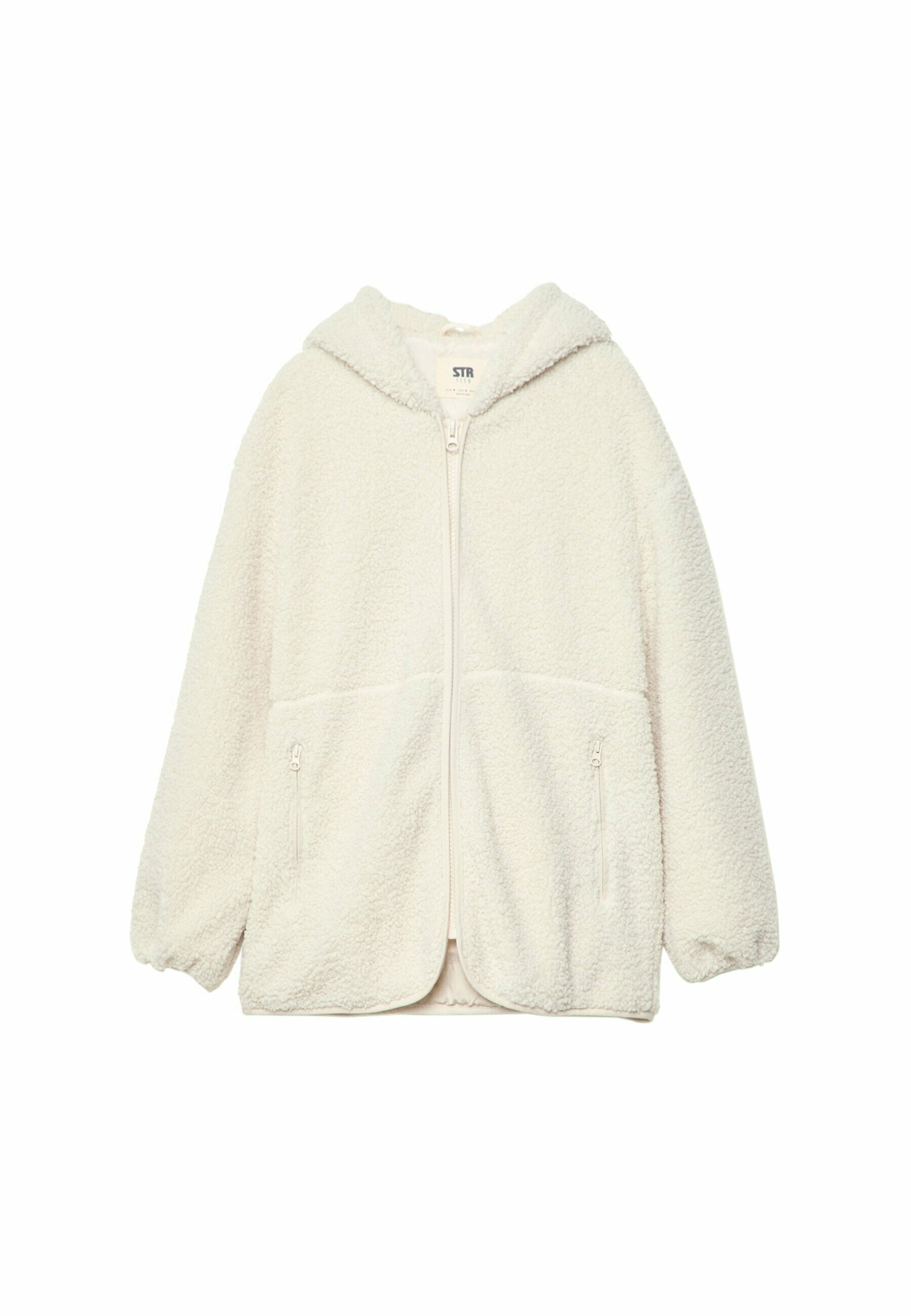 Cremefarbene, kapuzenförmige, Reißverschlussjacke aus flauschigem, strukturiertem Material mit zwei Fronttaschen und elastischen Ärmeln an den Bündchen.