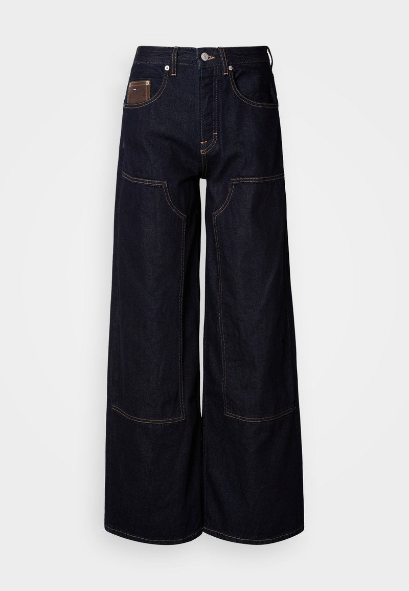 Dunkelblaue Jeanshose mit weitem Bein, Kontrastnähten, fünf Taschen und einem Knopfverschluss in der Taille.