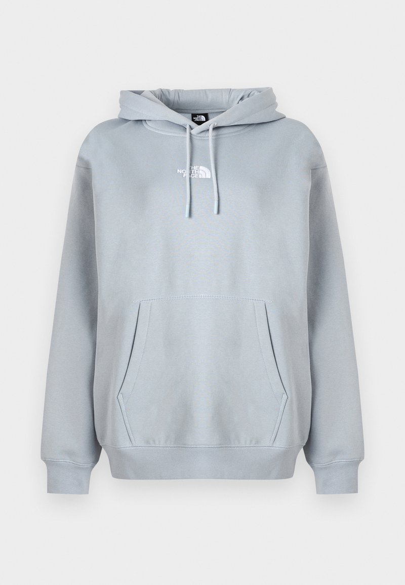 Hellgrauer Kapuzenpullover mit einer Fronttasche, Kordelzug und weißem Logo auf der Brust. Weicher, glatter Stoff mit gerippten Bündchen.