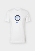 Weißes kurzärmliges Nike-T-Shirt mit einem blau-schwarzen runden Inter Mailand-Emblem, zentriert über einem blauen Nike-Swoosh-Logo.
