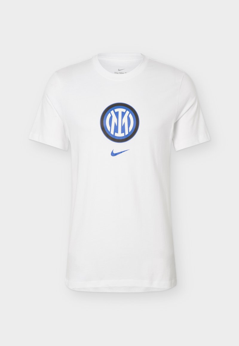 Weißes kurzärmliges Nike-T-Shirt mit einem blau-schwarzen runden Inter Mailand-Emblem, zentriert über einem blauen Nike-Swoosh-Logo.