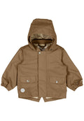 Braune wasserdichte Jacke mit Kapuze, elastischen Bündchen und zwei vorderen Druckknopf-Taschen; das Innere hat ein kariertes Futter.
