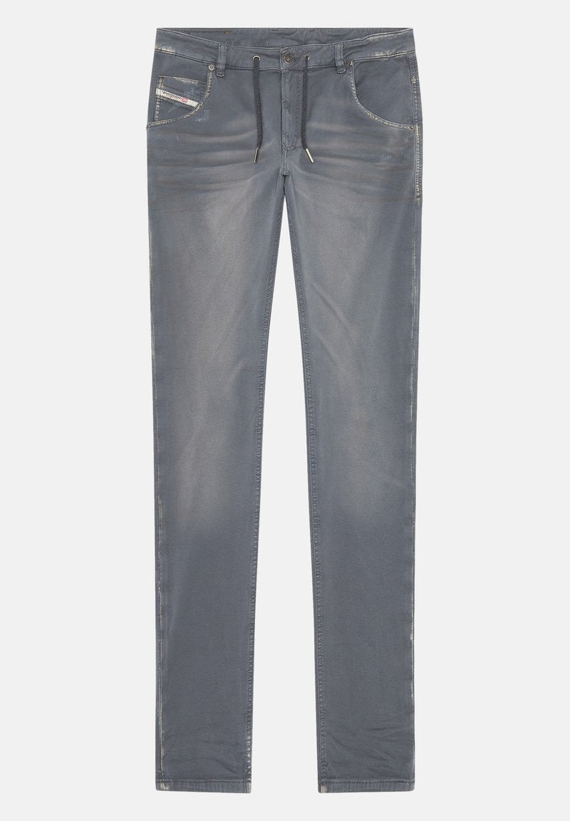 Graue Denim-Jeans im Slim-Fit-Stil, mit einem Zugbandbund, fünf Taschen und dezenten Verblassungen.