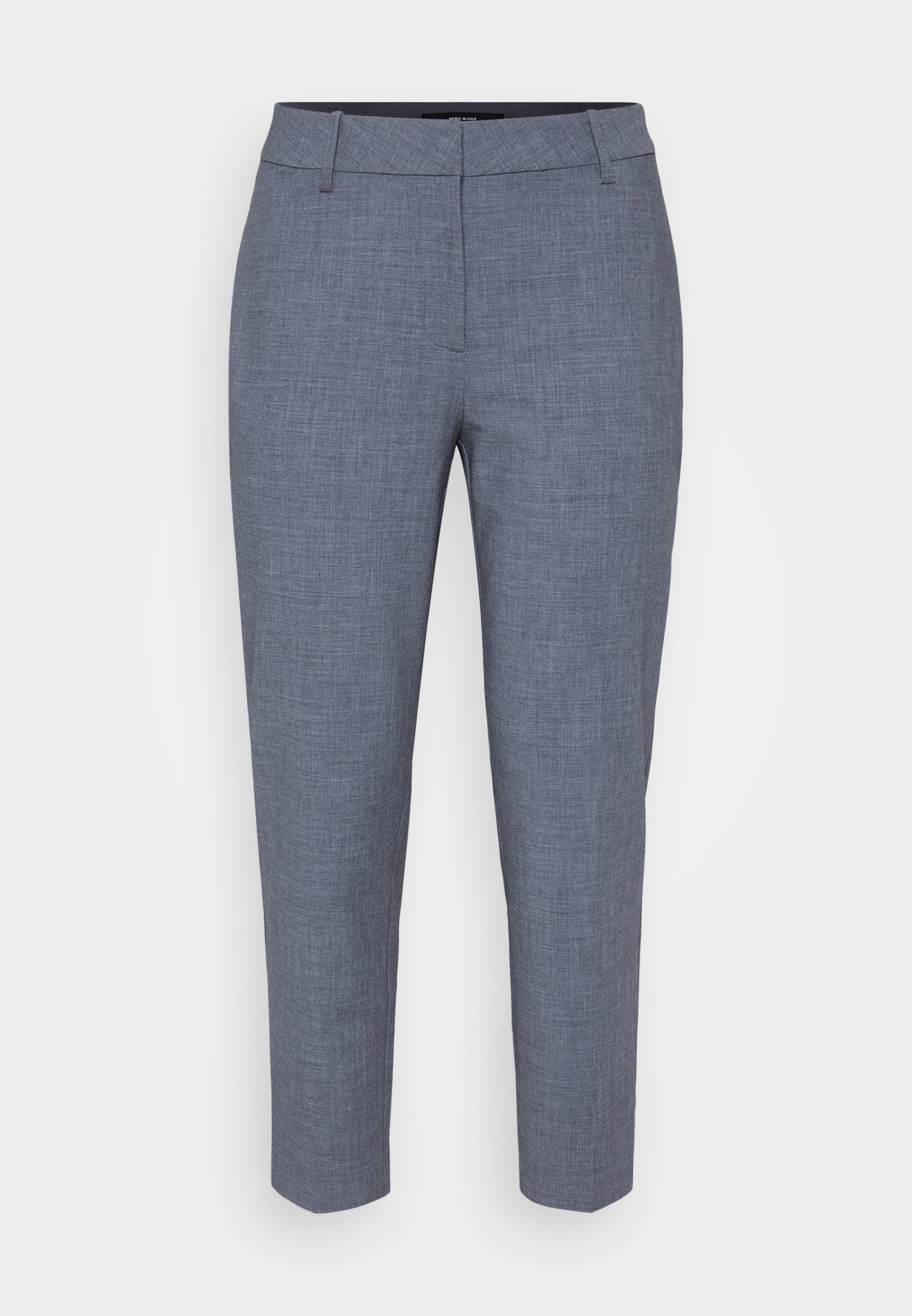 Graue, maßgeschneiderte Hose aus einem fein strukturierten Stoff, mit schmalem Schnitt und standardmäßigem Bund. Keine sichtbaren Taschen oder Verschlüsse.