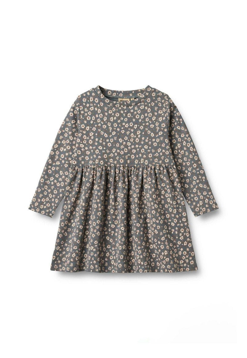 Langärmliges Kleid aus grauer Baumwolle mit einem ausgestellten Rock und kleinem rosa Blumenmuster. Runder Halsausschnitt und geraffter Taillennahtdetails.